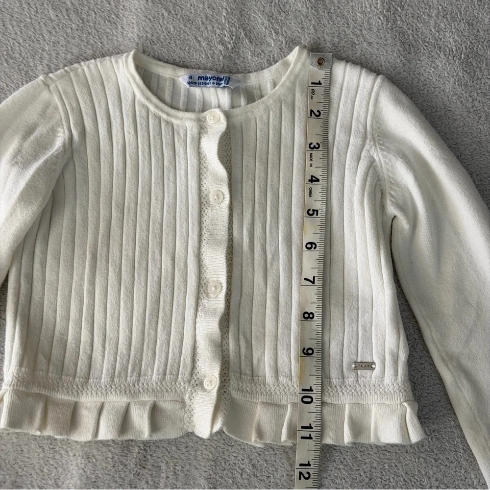Mayoral | Ribbed Knit Cropped Cardigan with Ruffle Hem | Size 4